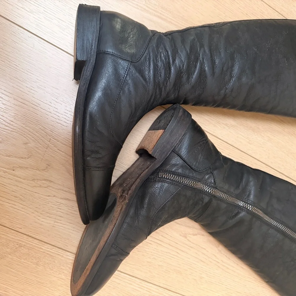All Saints women’s Black Leather Over-the-Knee buckle zip up Riding Boots  37